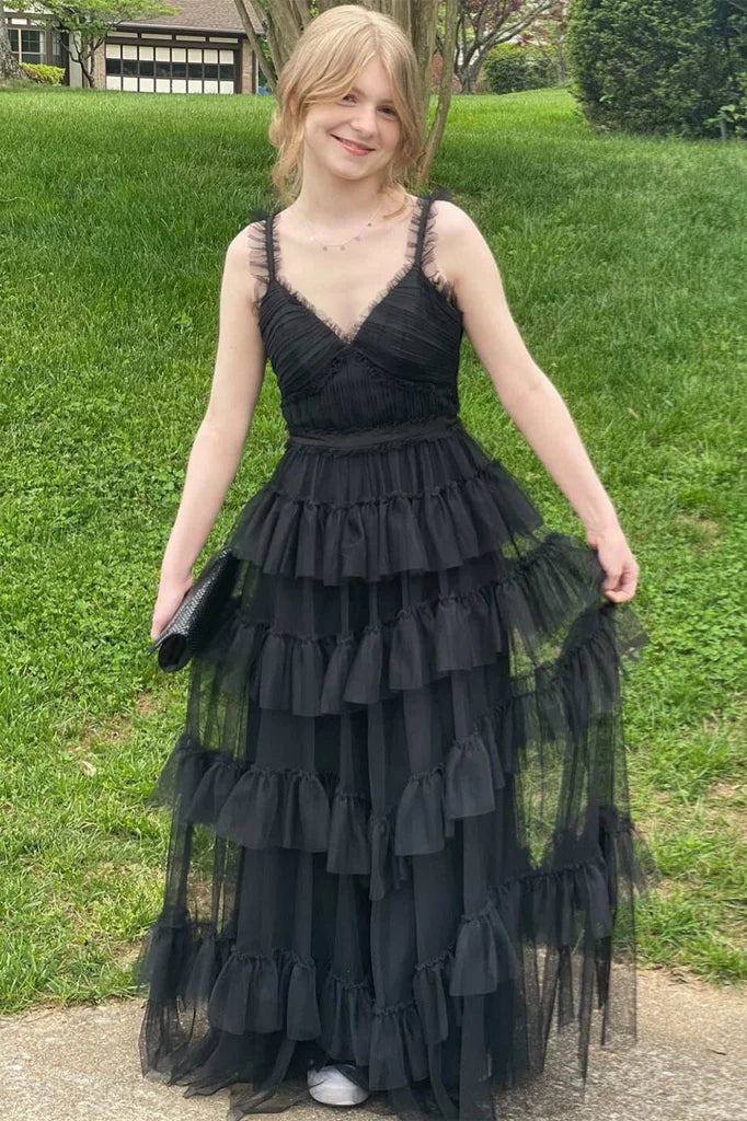 V-Neck Spaghetti Straps Tulle A-Line Tiered Party Prom Dress