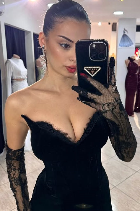 V-Neck Strapless Empire Velvet Party Prom Dress With Slit