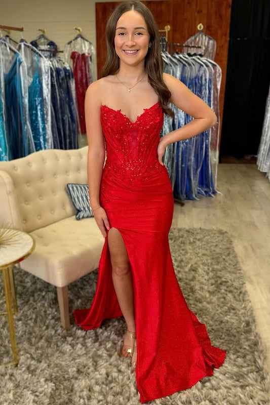 V-Neck Strapless Lace Appliques Satin Mermaid Party Prom Dress