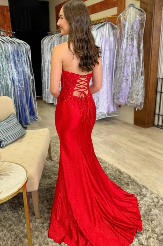 V-Neck Strapless Lace Appliques Satin Mermaid Party Prom Dress