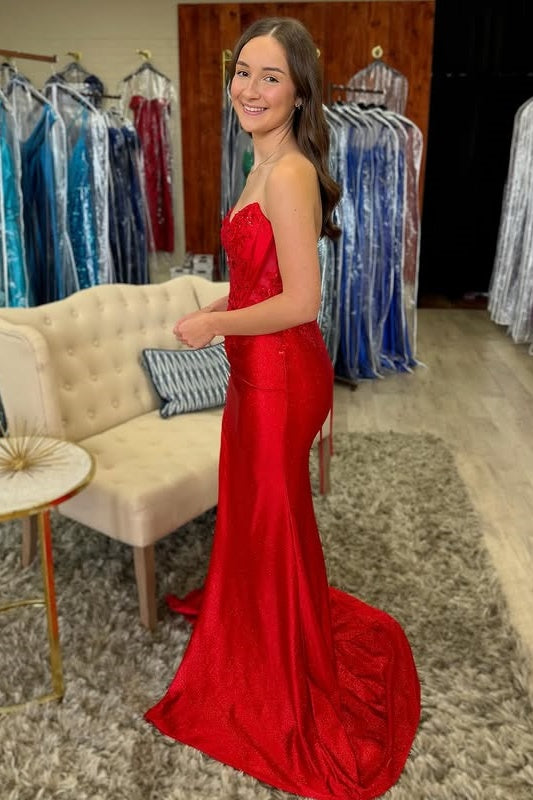 V-Neck Strapless Lace Appliques Satin Mermaid Party Prom Dress