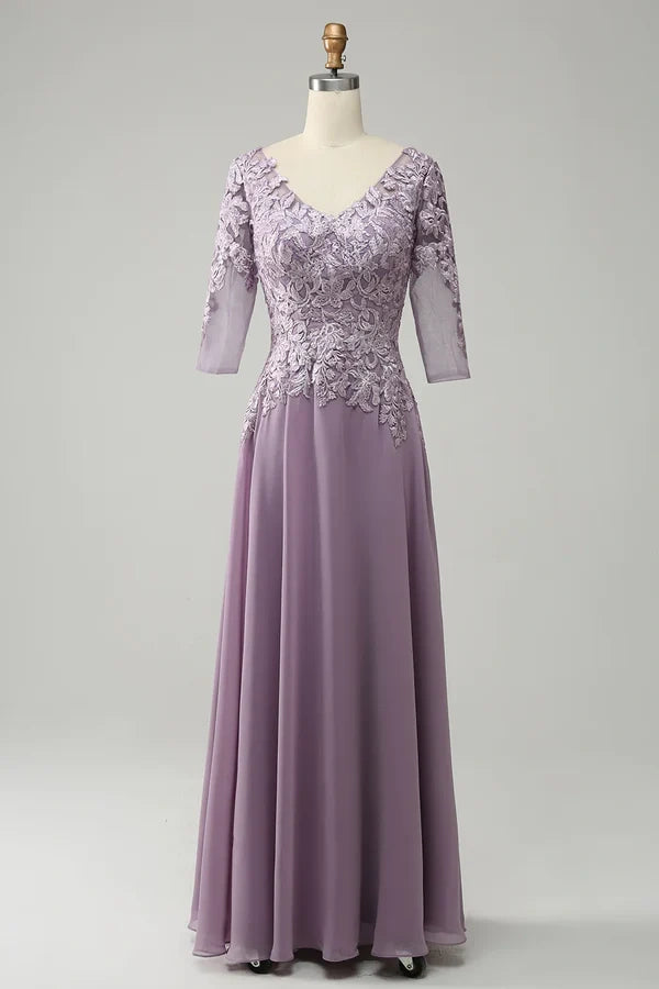 V-Neck Three Quarter Sleeves Lace Appliques Mother Of Brides Dress