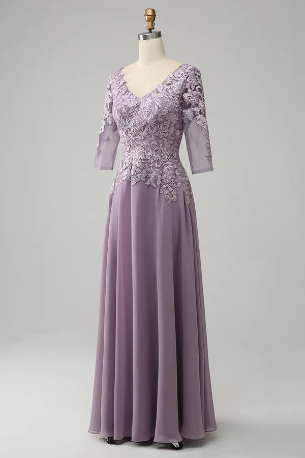 V-Neck Three Quarter Sleeves Lace Appliques Mother Of Brides Dress