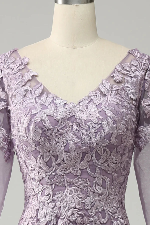 V-Neck Three Quarter Sleeves Lace Appliques Mother Of Brides Dress