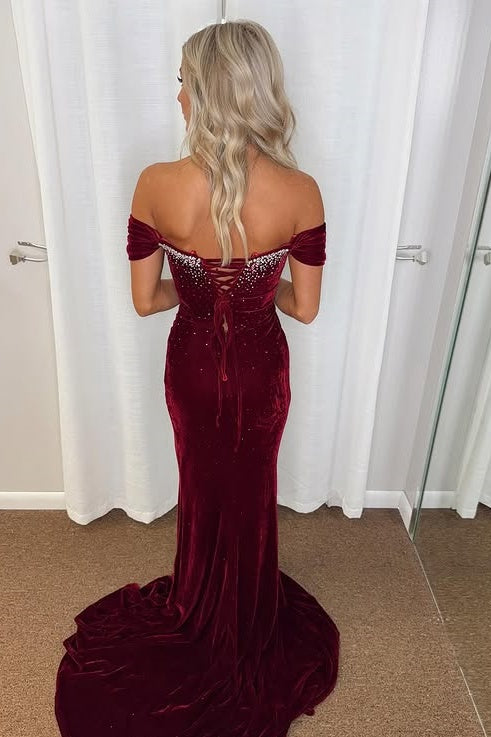 Velvet Off-Shoulder Beaded Mermaid Party Prom Dress With Train