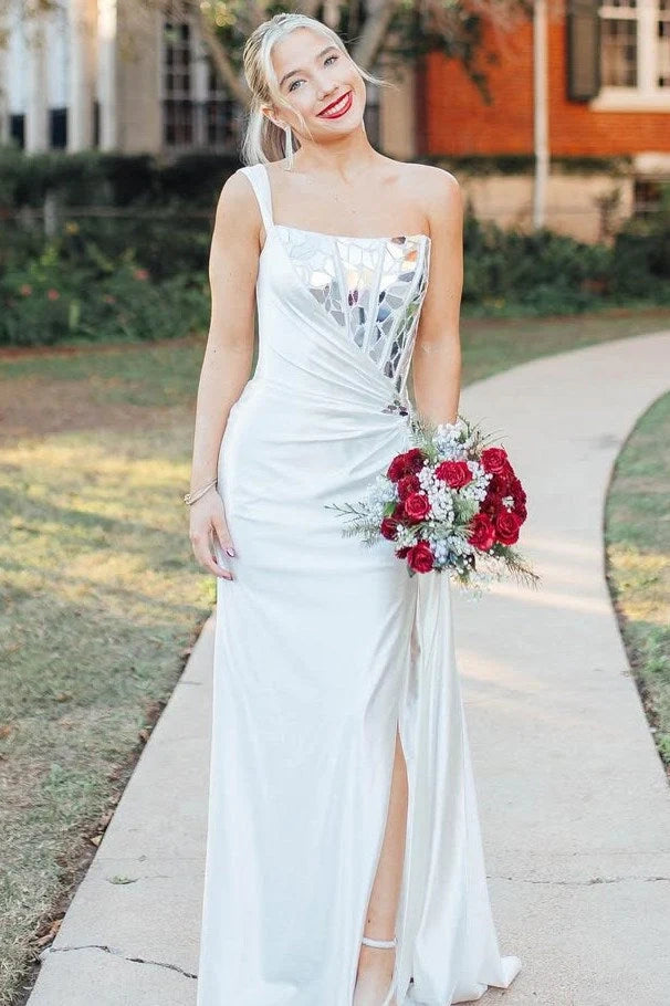 White One Shoulder Beaded Party Prom Dress