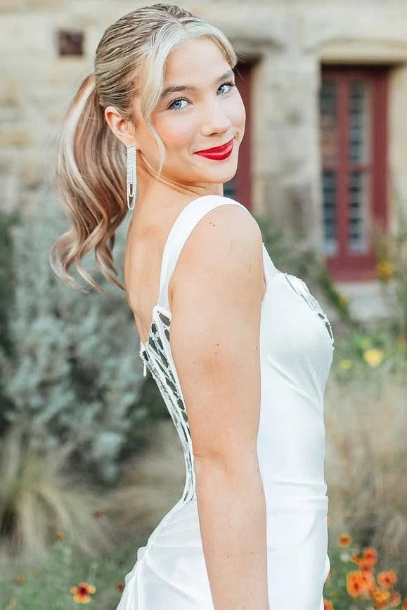 White One Shoulder Beaded Party Prom Dress