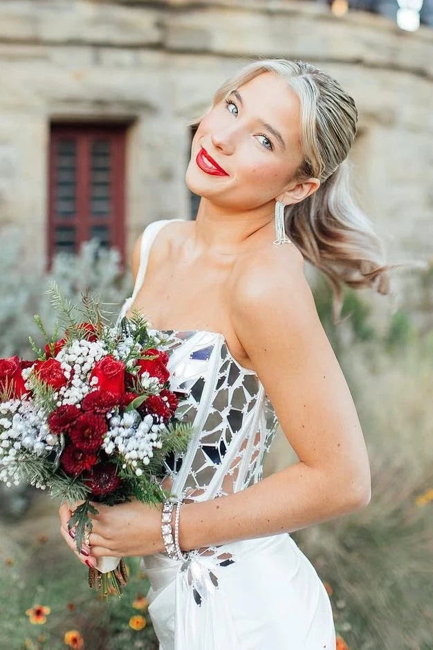 White One Shoulder Beaded Party Prom Dress
