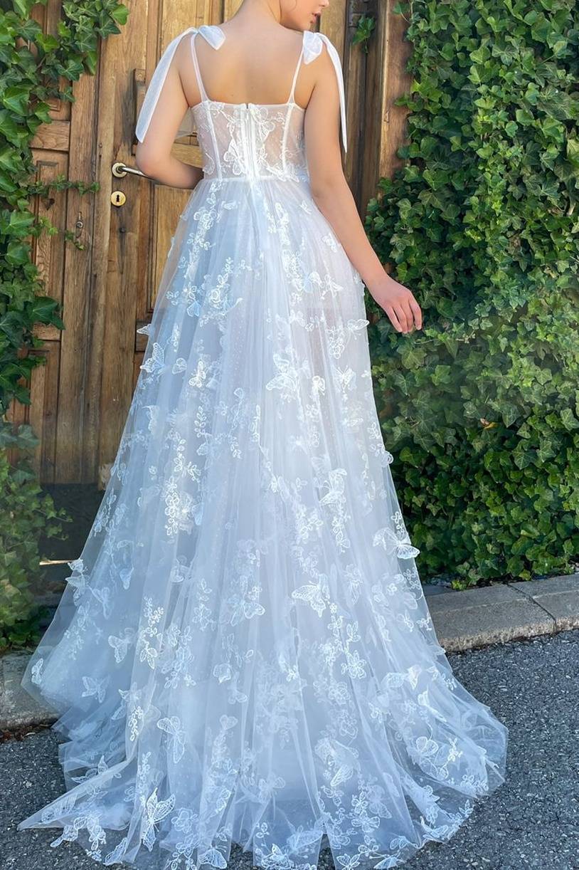 White Tulle A-Line Sweetheart Straps Butterfly Prom Dress