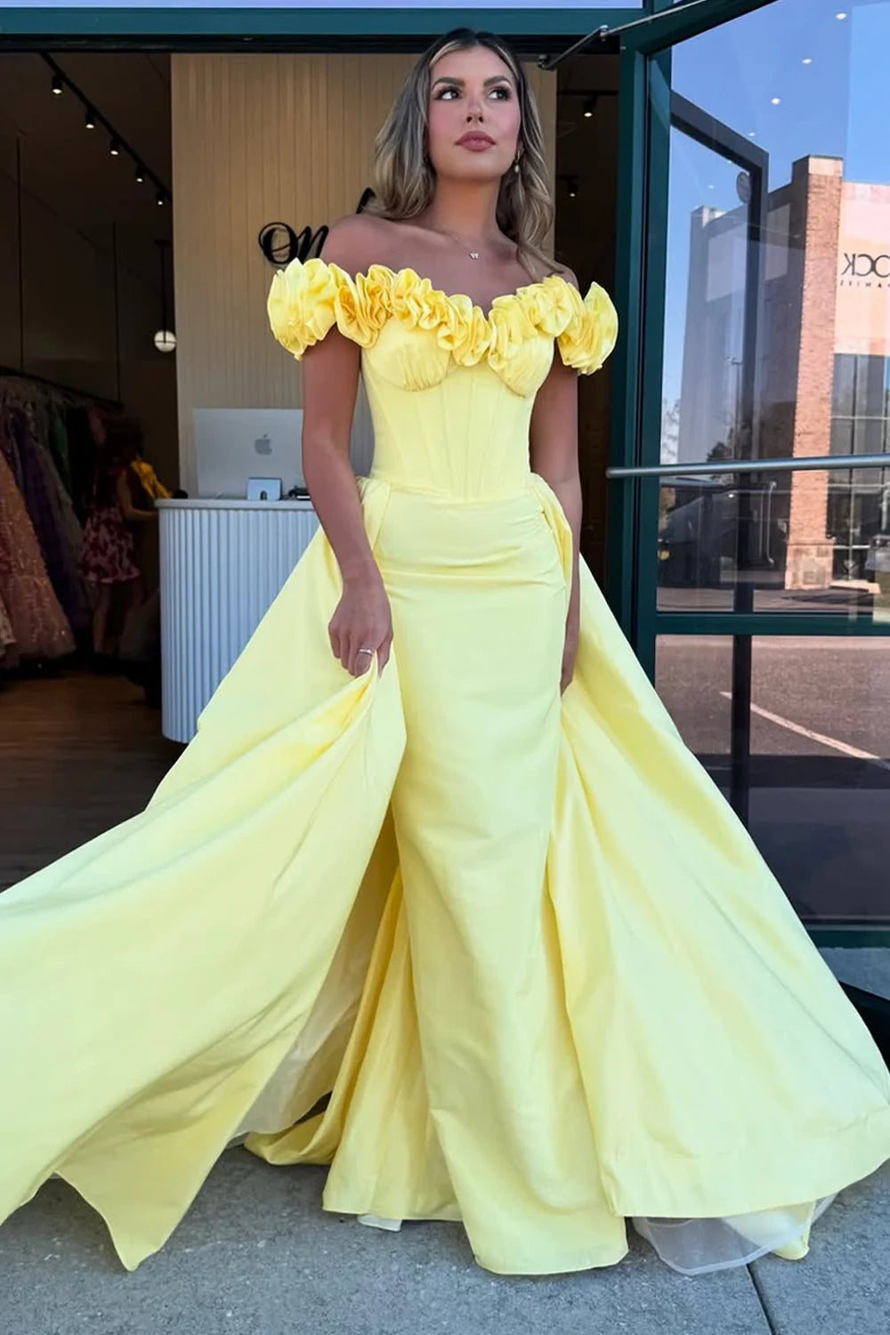 Yellow Floral Off-Shoulder Bodycon Party Prom Dress With Train