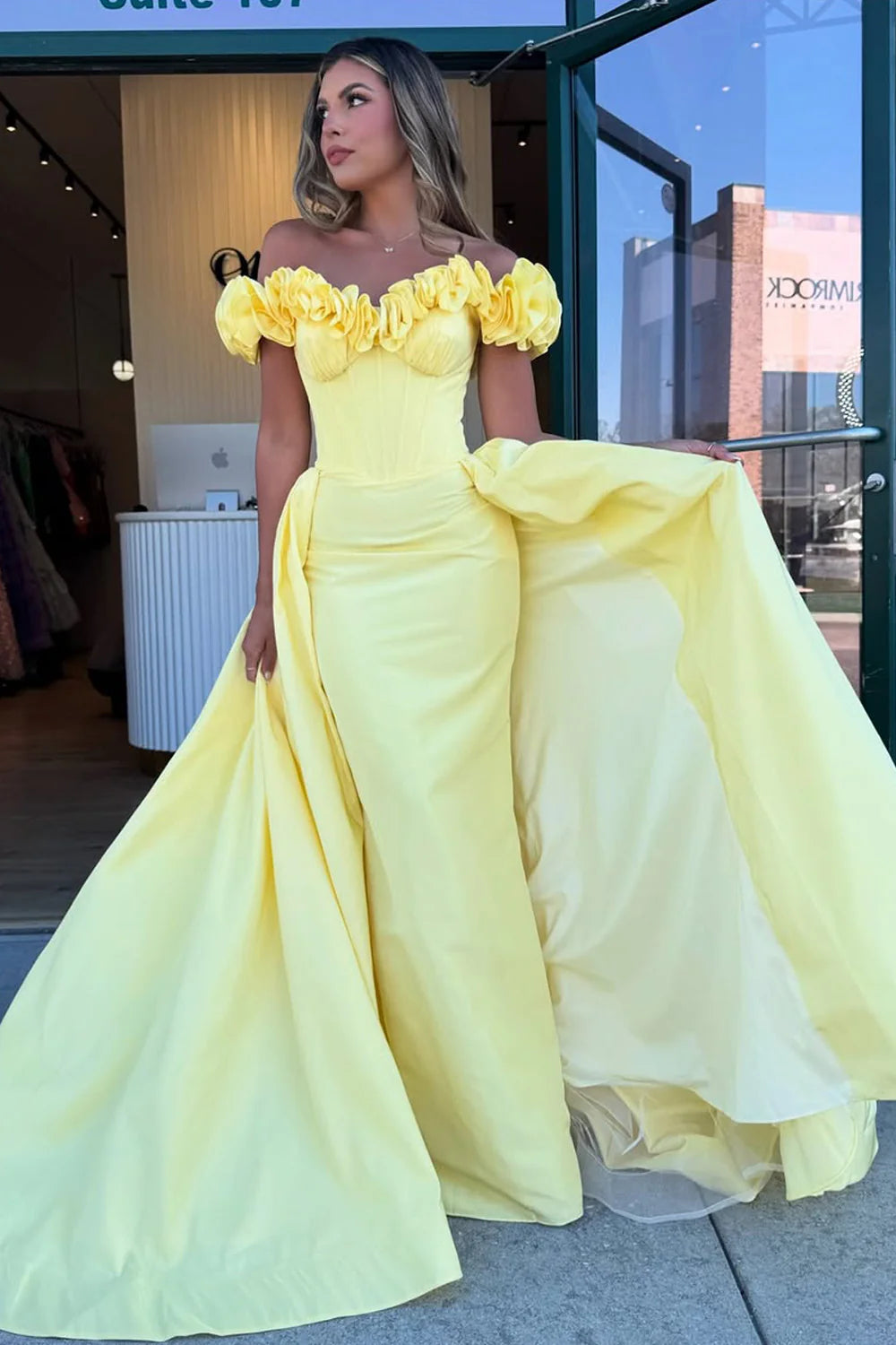 Yellow Floral Off-Shoulder Bodycon Party Prom Dress With Train