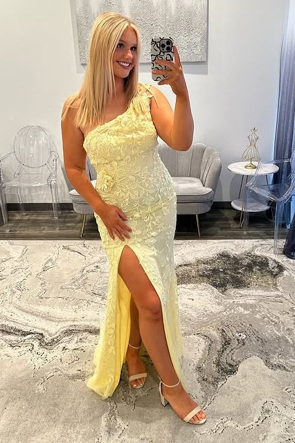 Yellow One Shoulder Sleeveless Lace Party Prom Dress With Slit