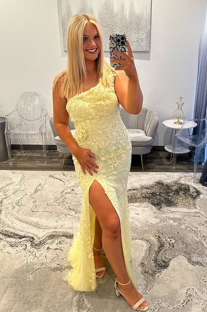 Yellow One Shoulder Sleeveless Lace Party Prom Dress With Slit