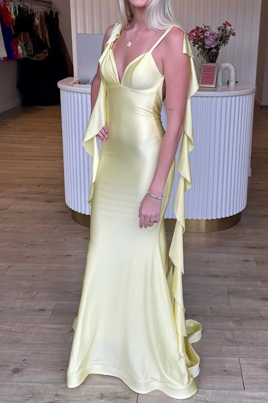 Yellow Satin V-Neck Open Back Mermaid Party Prom Dress Movousdress Yellow Satin V-Neck Open Back Mermaid Party Prom Dress Movousdress