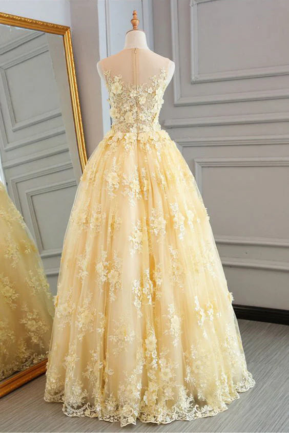 Yellow Sheer Round Sleeves A-Line Lace Prom Dress