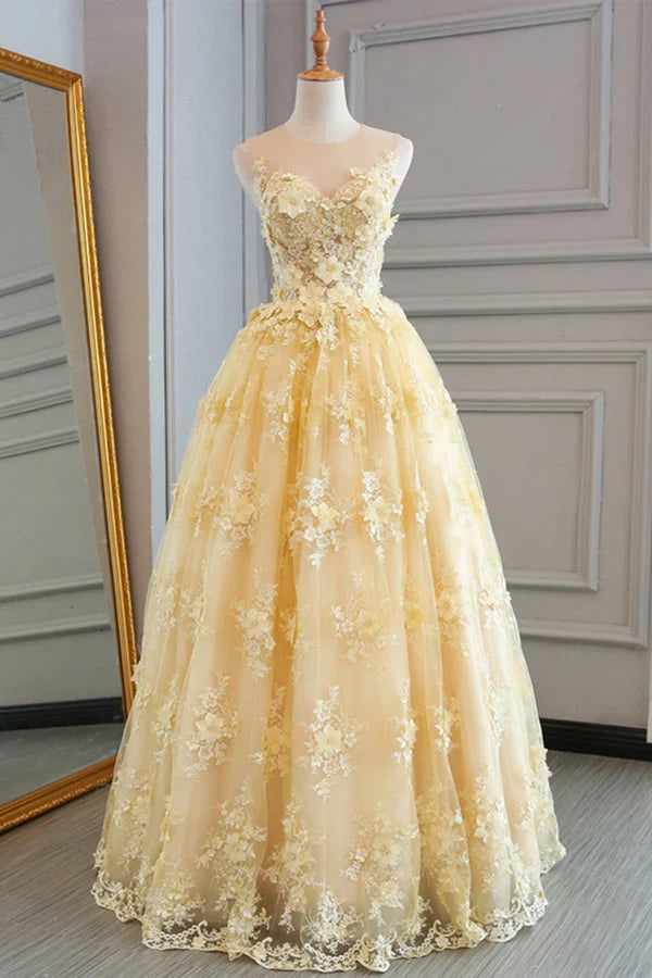 Yellow Sheer Round Sleeves A-Line Lace Prom Dress