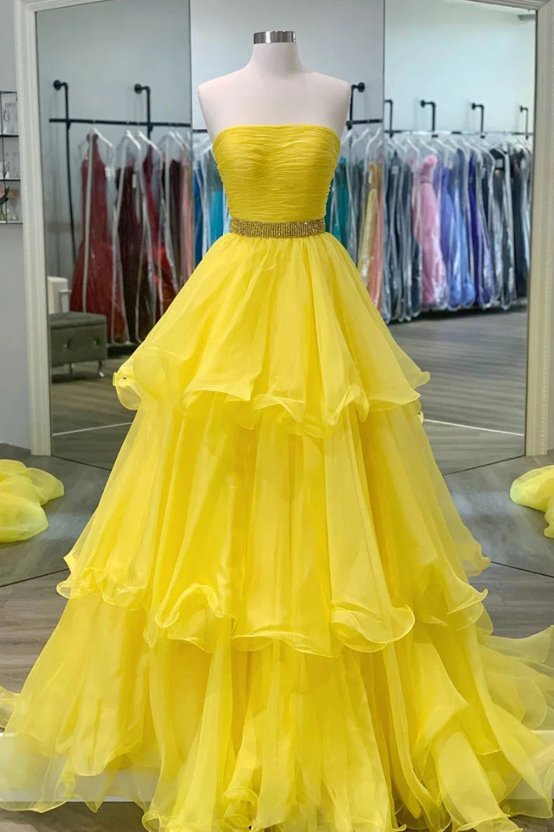Yellow Strapless Empire Tiered A-Line Party Prom Dress