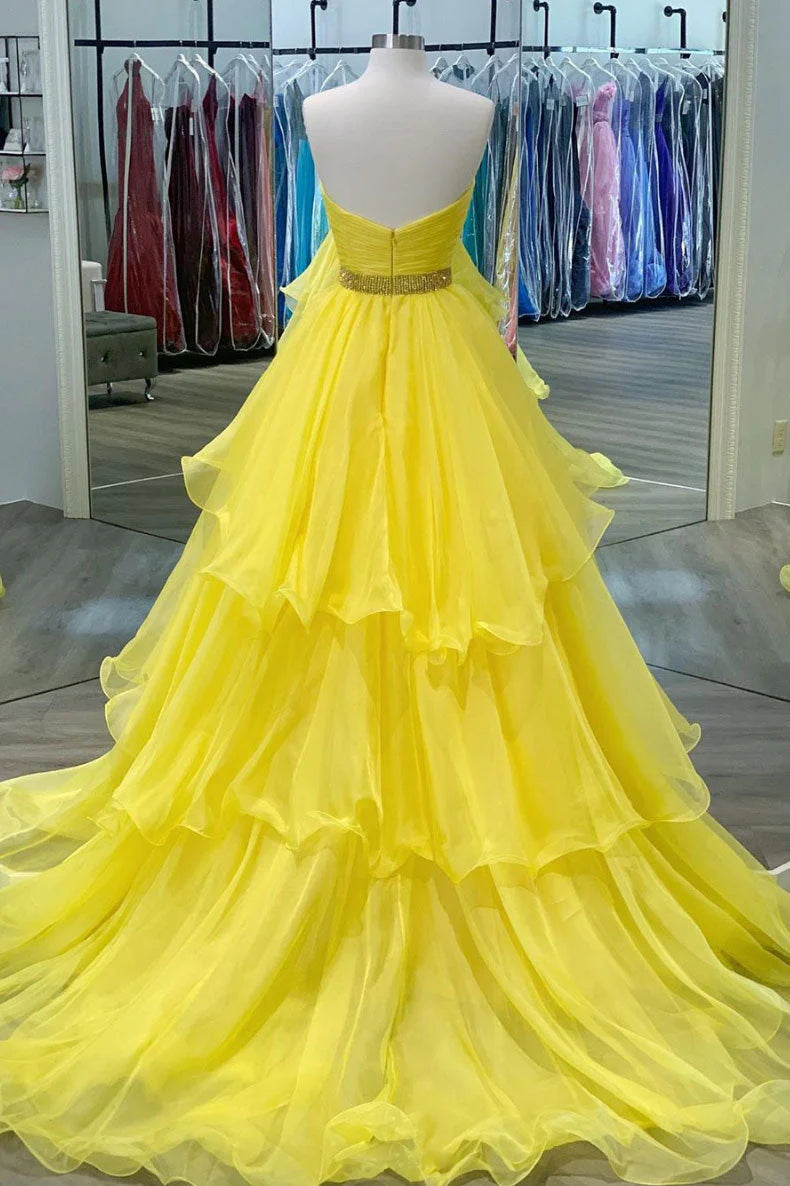 Yellow Strapless Empire Tiered A-Line Party Prom Dress