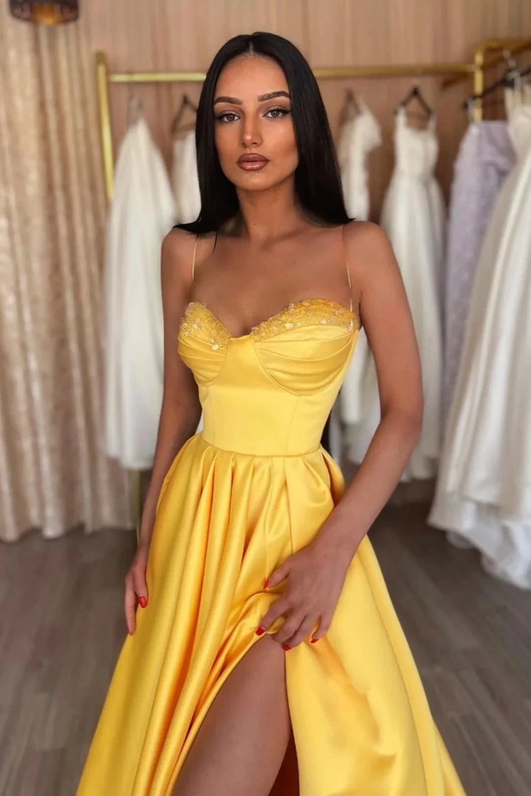 Yellow Sweetheart Sleeveless Empire Party Prom Dress With Slit