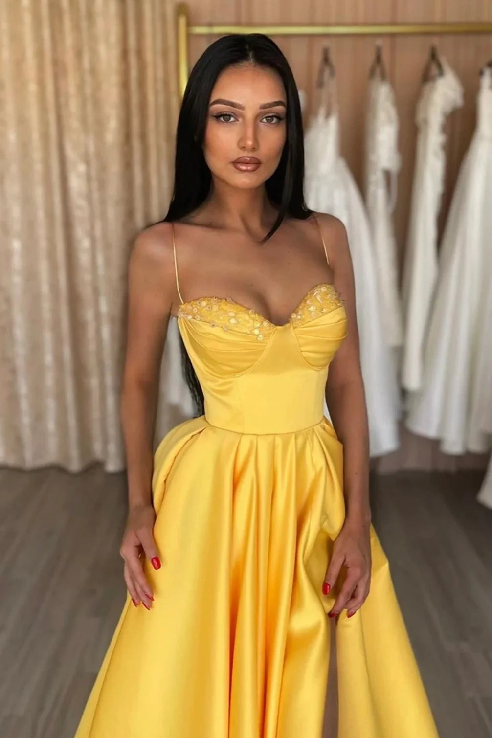 Yellow Sweetheart Sleeveless Empire Party Prom Dress With Slit