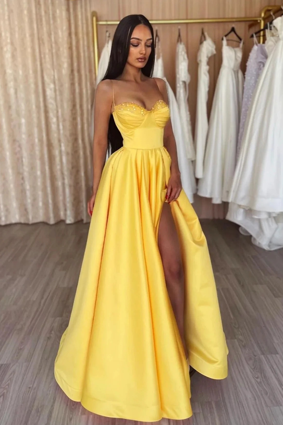 Yellow Sweetheart Sleeveless Empire Party Prom Dress With Slit