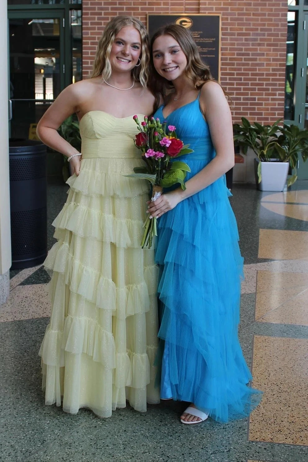 Yellow Sweetheart Strapless Tulle A-Line Tiered Party Prom Dress