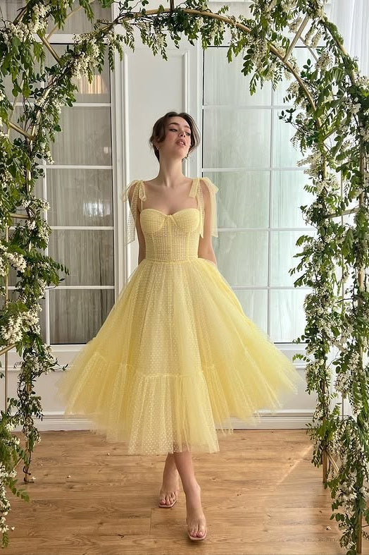 Yellow Tulle A-Line Sweetheart Sleeveless Elegant Party Prom Dress