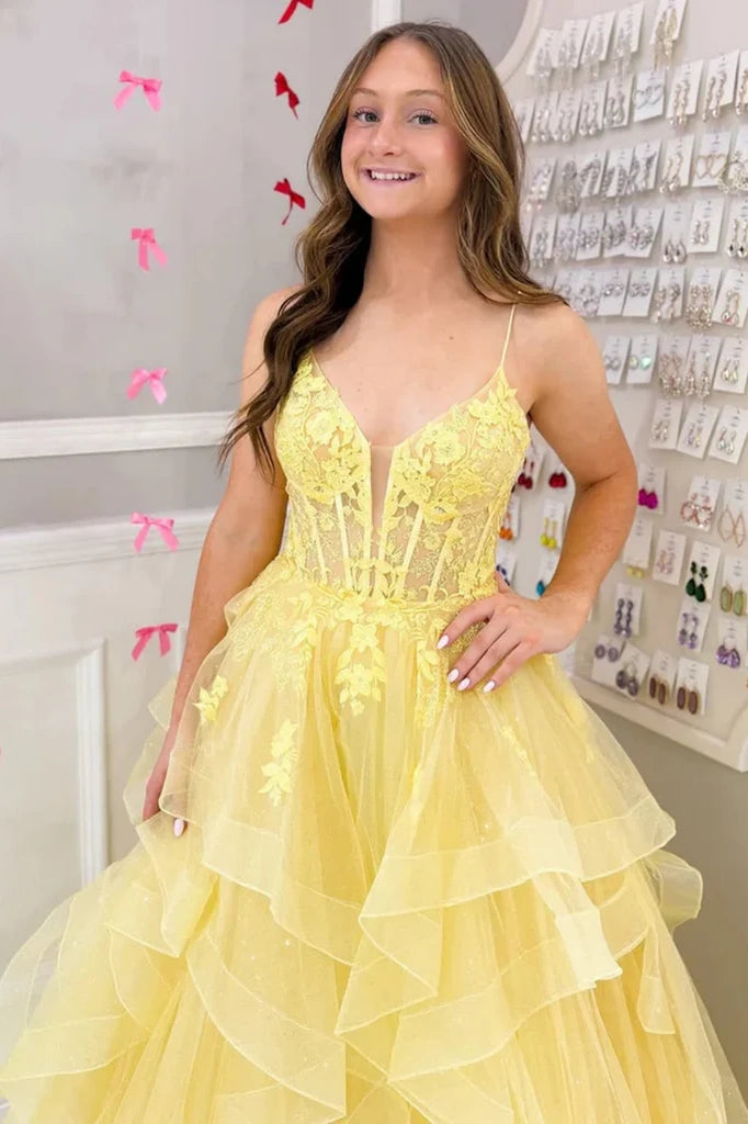 Yellow V-Neck Sleeveless Appliques Tiered Party Prom Dress