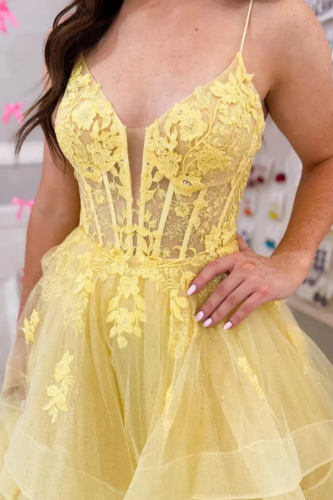 Yellow V-Neck Sleeveless Appliques Tiered Party Prom Dress