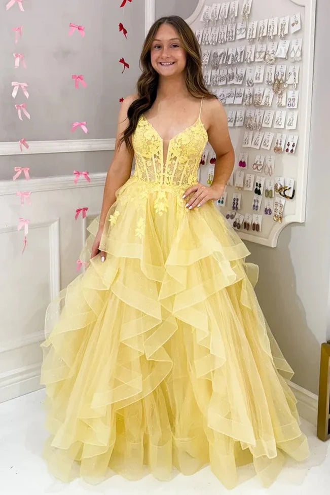 Yellow V-Neck Sleeveless Appliques Tiered Party Prom Dress