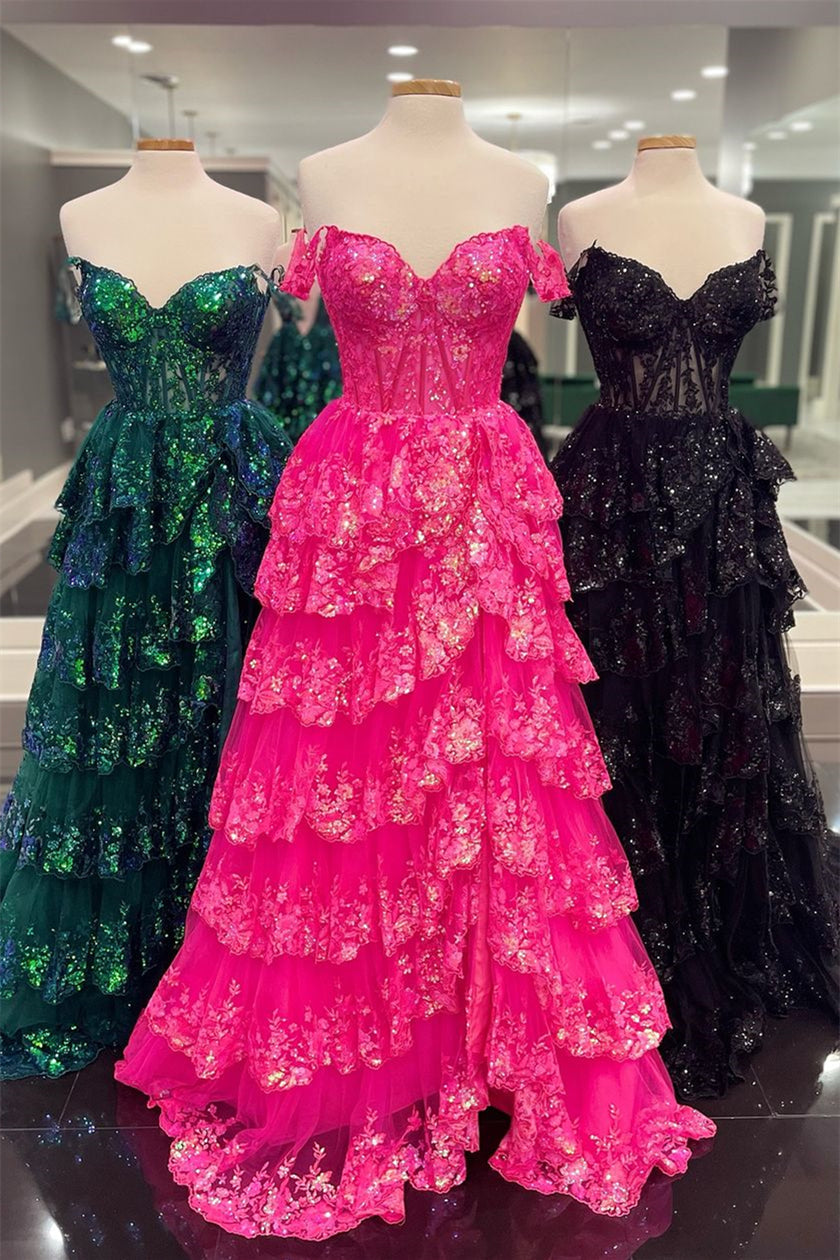 Off-Shoulder Hot Pink Lace Applique Ruffle A-line Slit Long Prom Dress