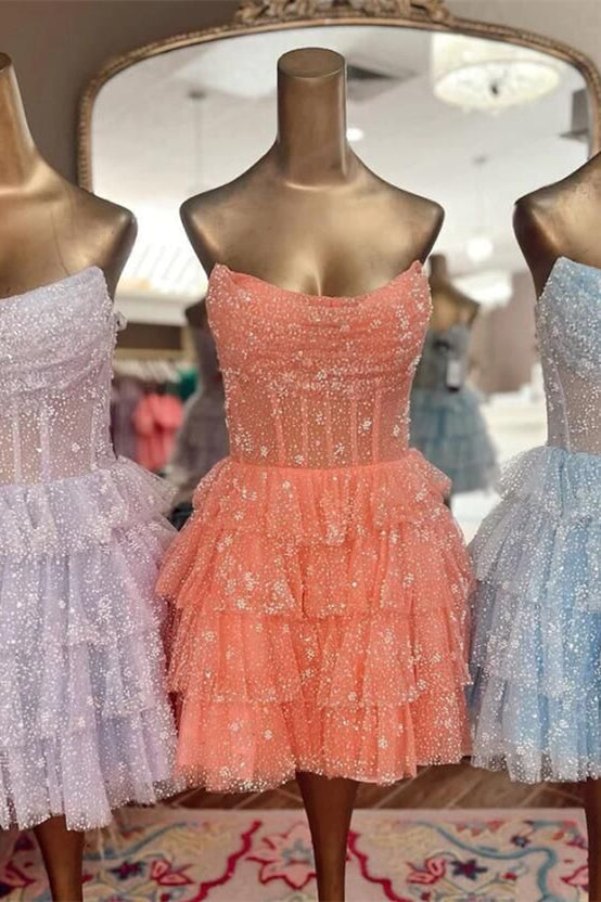 Strapless Orange Multi-Layers Tulle Homecoming Dress