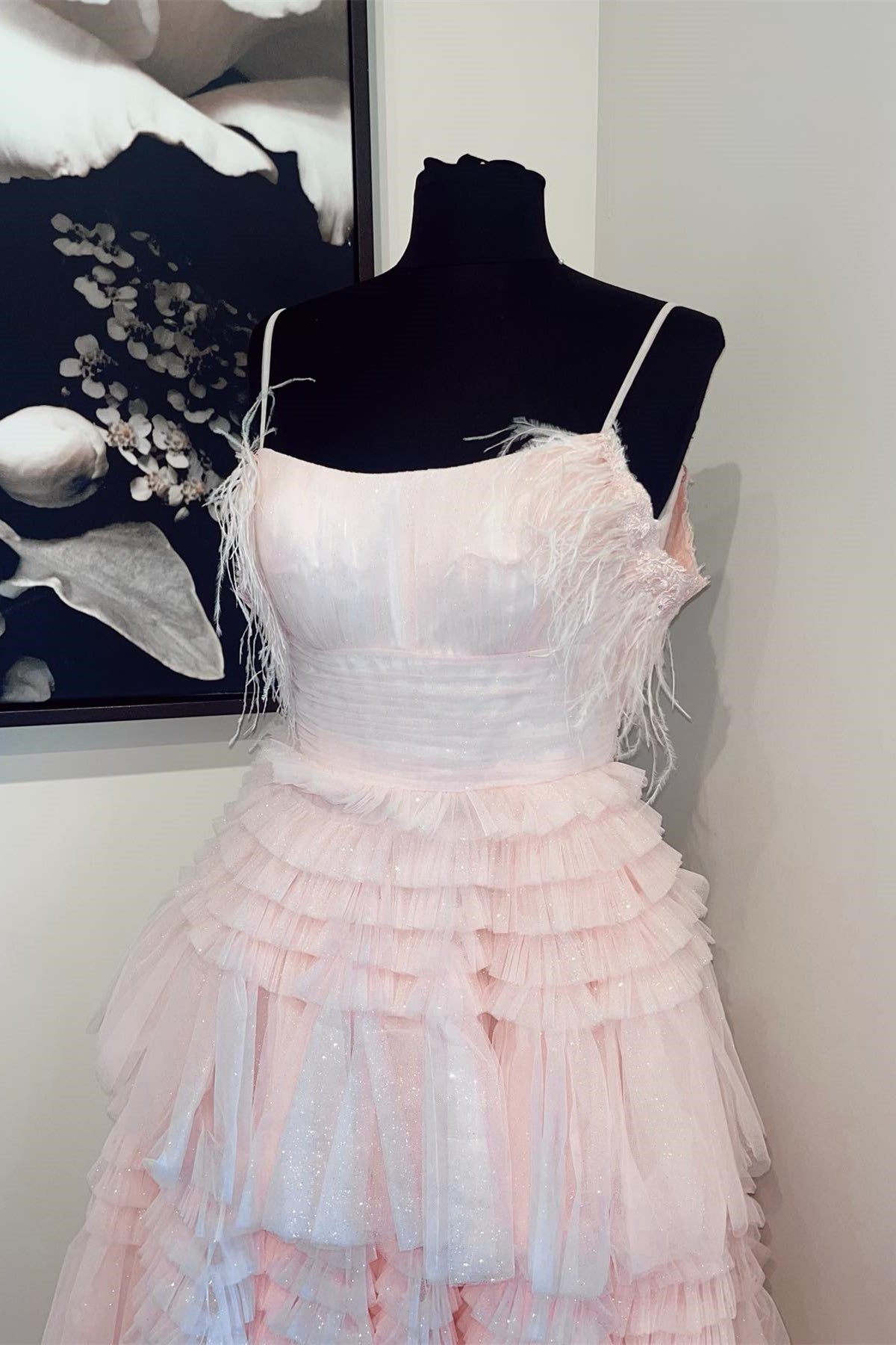 Feather Sleeves Pink A-line Ruffle Long Prom Dressss