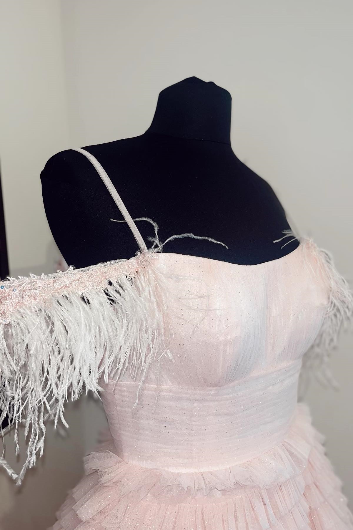 Feather Sleeves Pink A-line Ruffle Long Prom Dressss