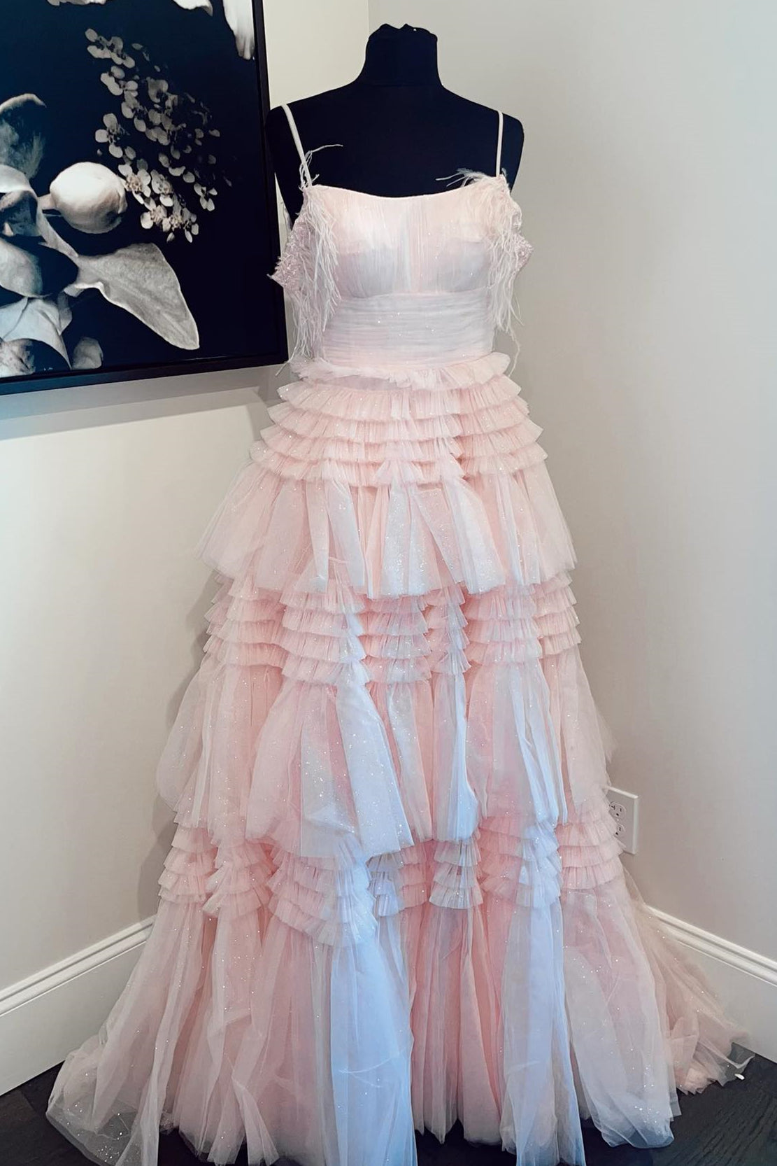 Feather Sleeves Pink A-line Ruffle Long Prom Dressss