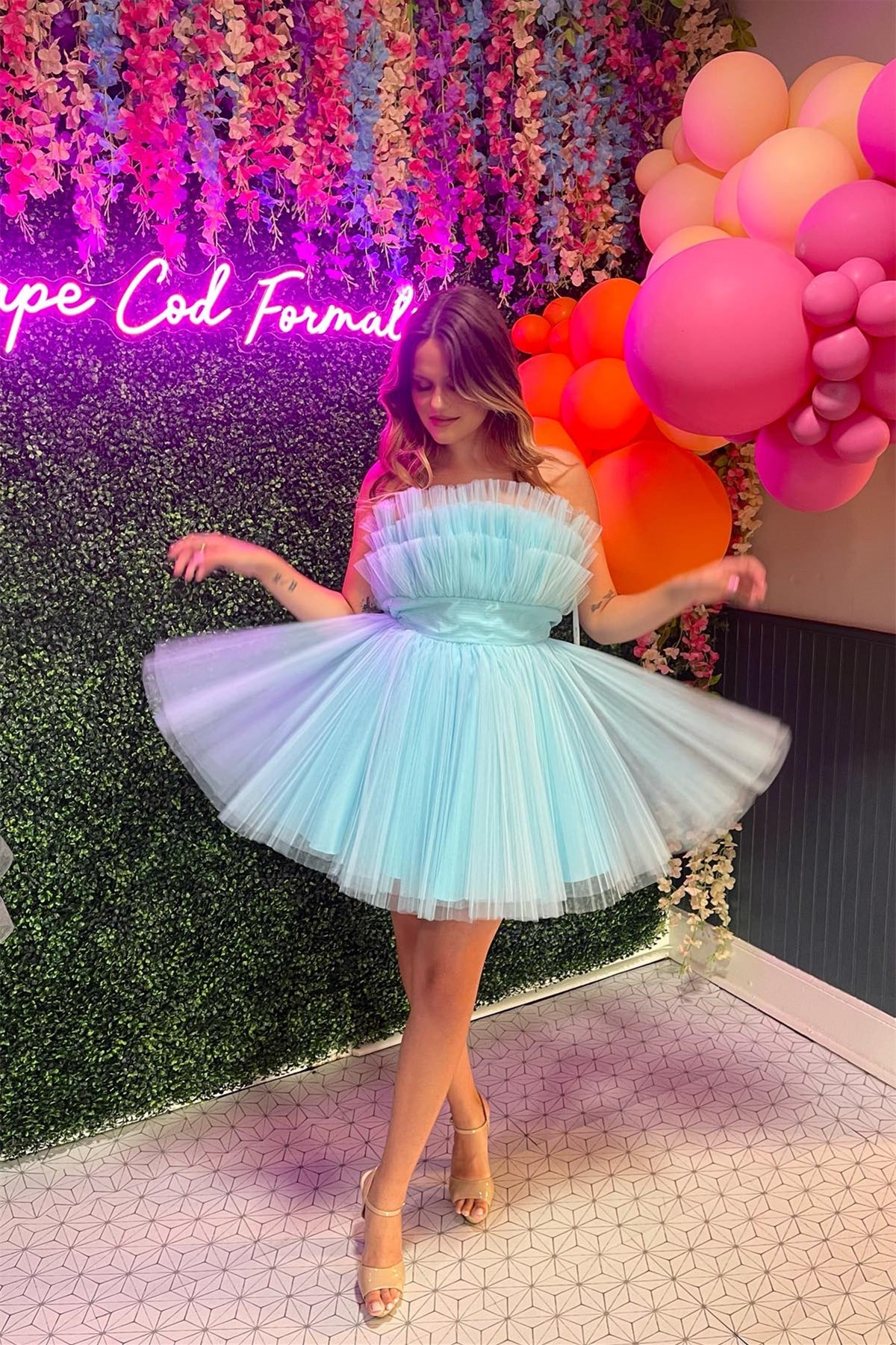 Strapless Blue A-line Detachable Sleeves Homecoming Dress