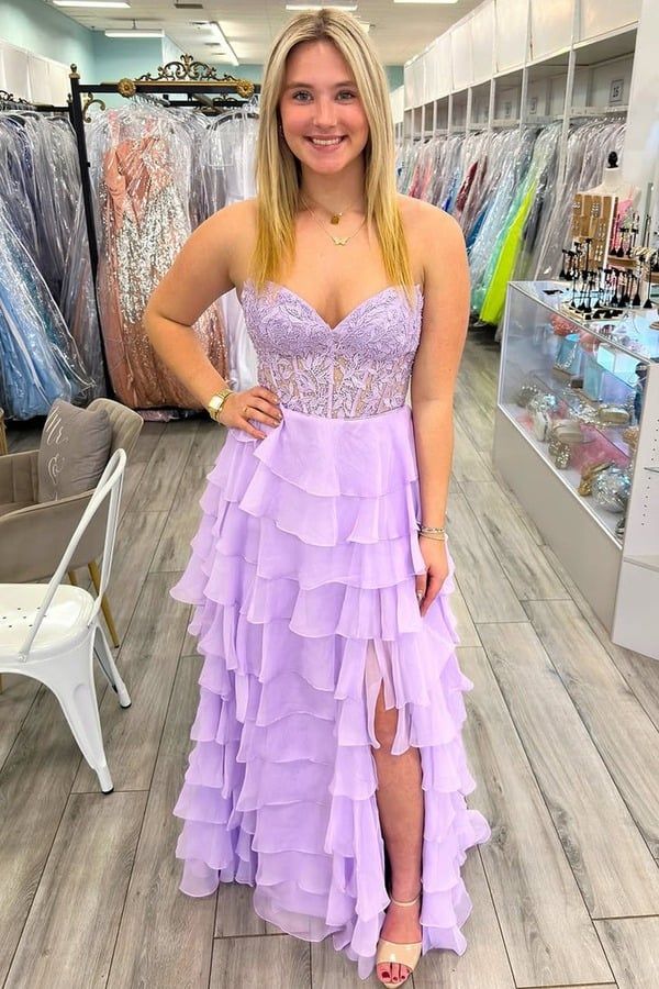 Casual Satin A-Line Sweetheart Strapless Tiered Long Prom Dress