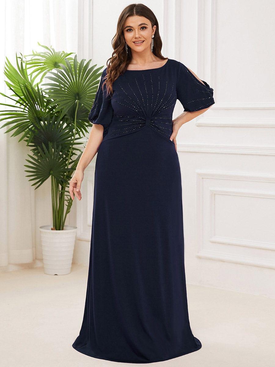 Casual Satin Scoop Half Sleeves Beaded Plus Size Wedding Guest Dress