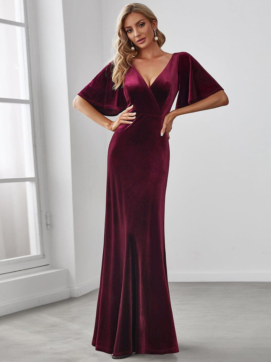 Chic Velvet A-Line V0Neck Bell Sleeves Maxi Bridesmaid Dress