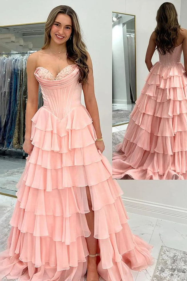 A-Line Sweetheart Strapless Tiered Formal Prom Dress