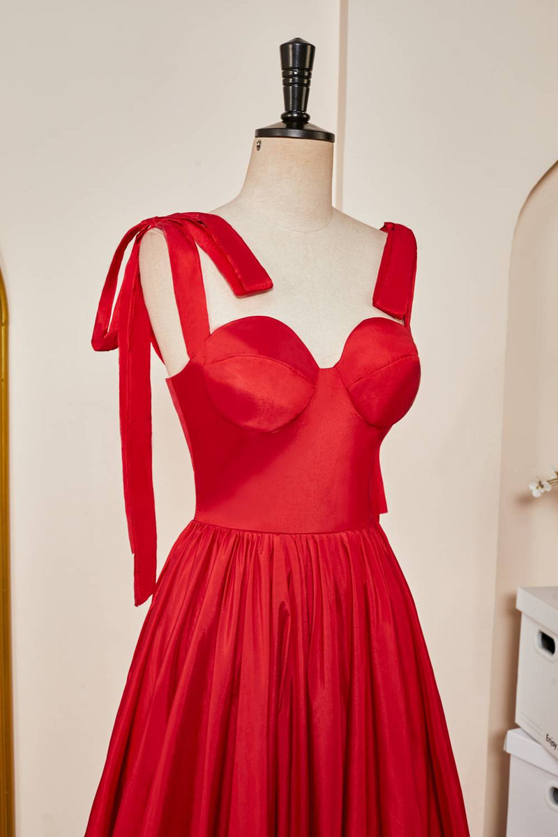 Bow Tie Straps Red A-line Satin Ruffle Long Prom Dress