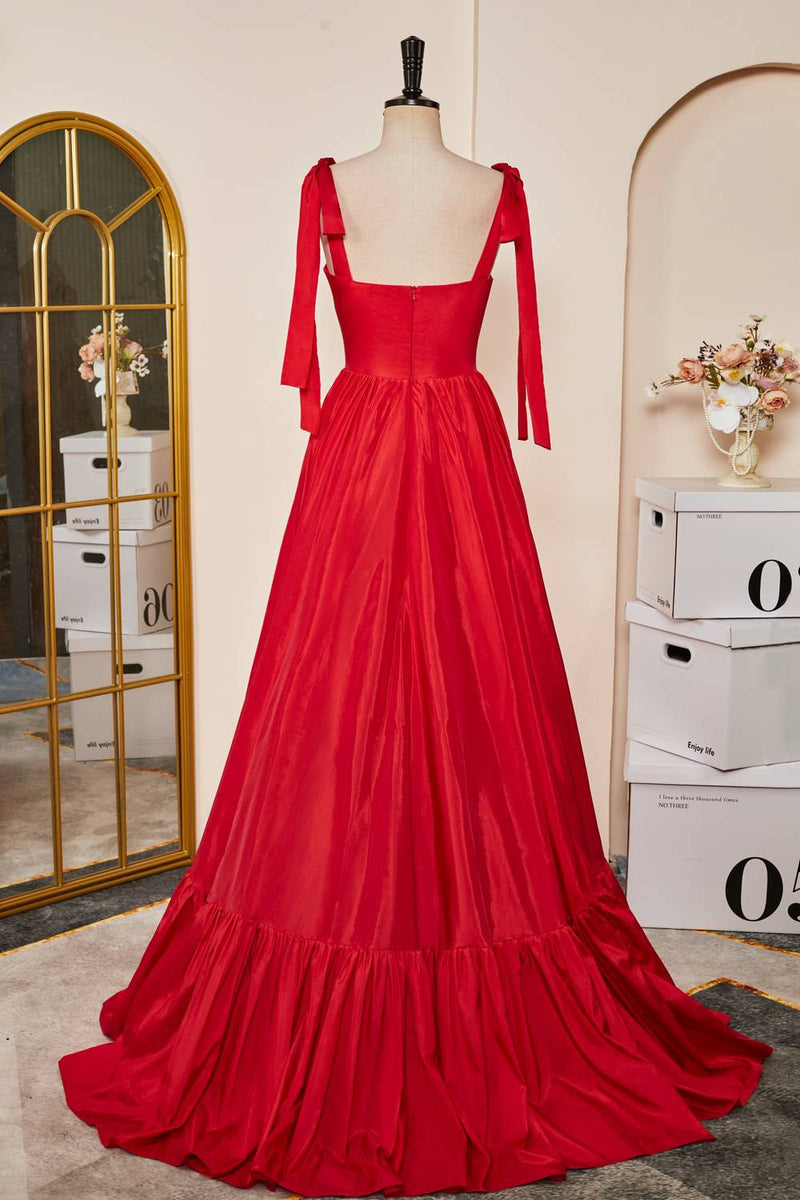 Bow Tie Straps Red A-line Satin Ruffle Long Prom Dress