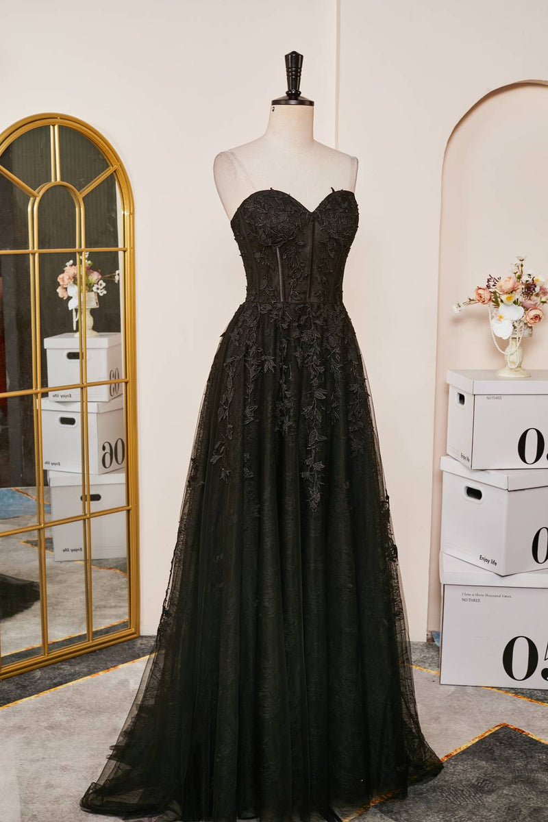Lace-Up Black Strapless Lace Appliques A-line Prom Dress