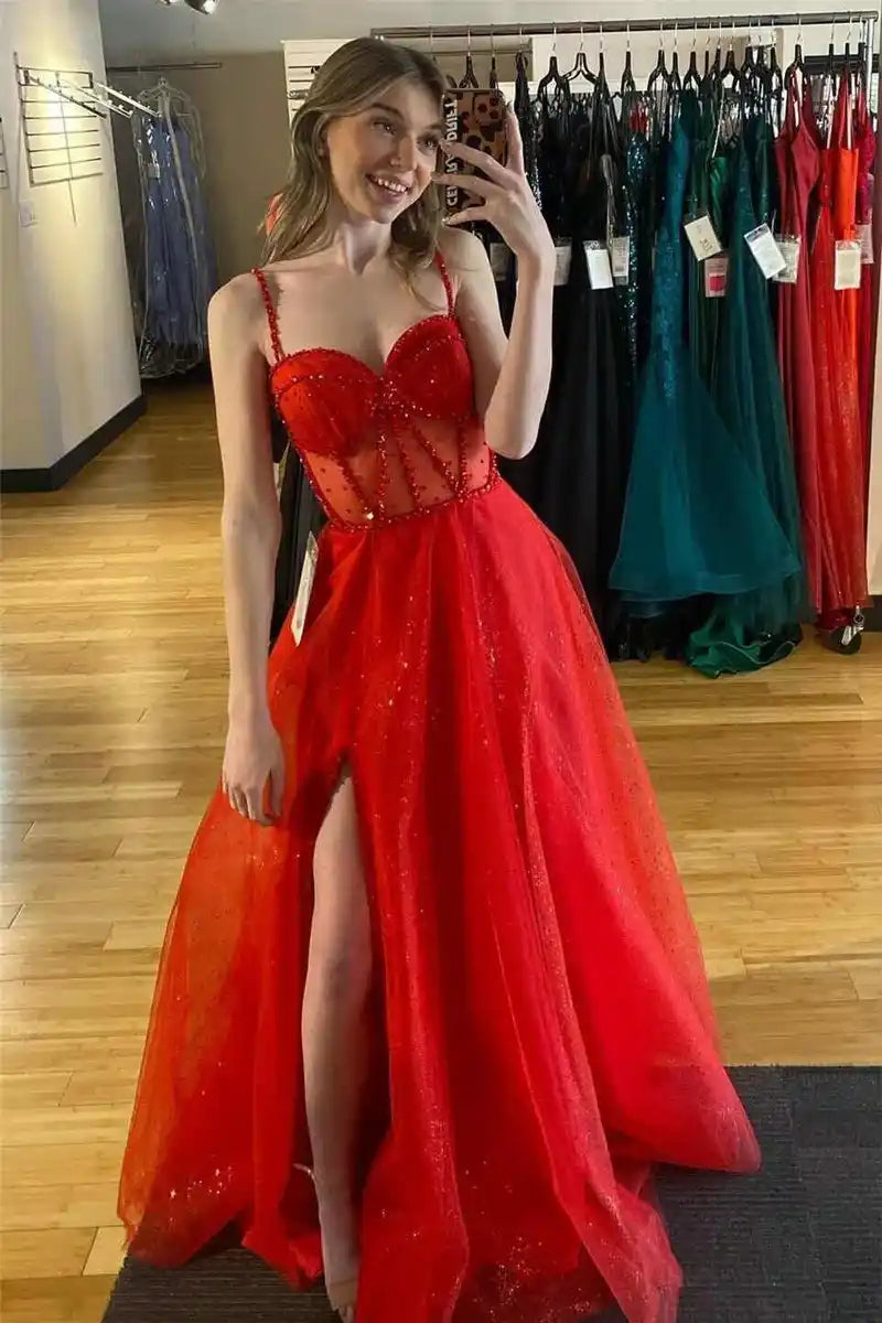 Cute Tulle A-Line Sweetheart Spaghetti Straps Beaded Long Prom Dress