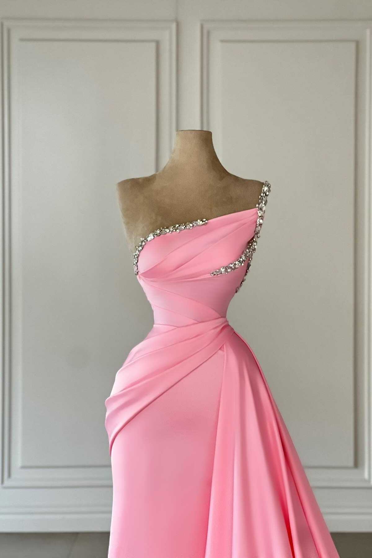 Satin Fitted One Shoulder Beaded With Train Prom Dress