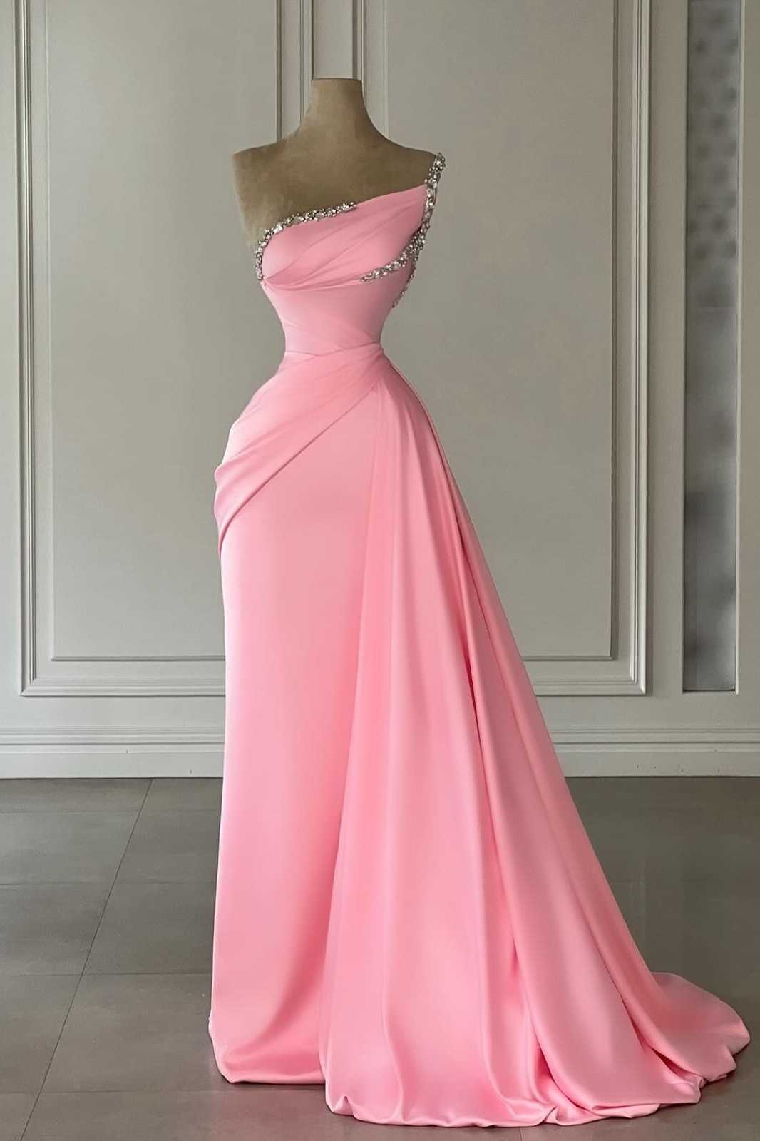 Satin Fitted One Shoulder Beaded With Train Prom Dress
