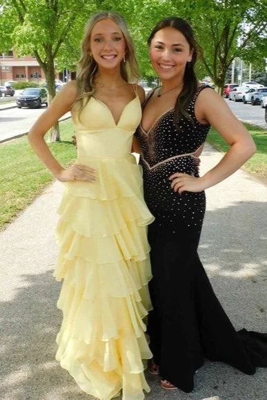 Chiffon V-Neck Spaghetti Straps A-Line Tiered Party Prom Dress