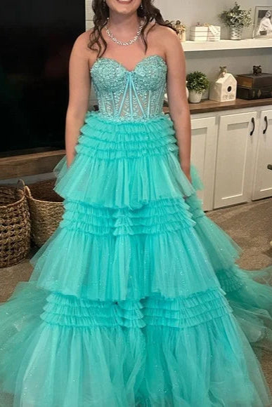 Chic Tulle A-Line Sweetheart Strapless Tiered Long Party Prom Dress