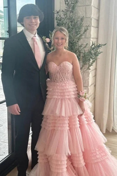 Chic Tulle A-Line Sweetheart Strapless Tiered Long Party Prom Dress