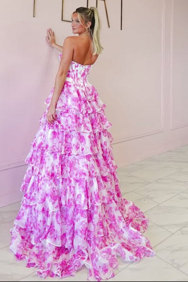 A-Line Beaded Sweetheart Strapless Tiered Party Prom Dress